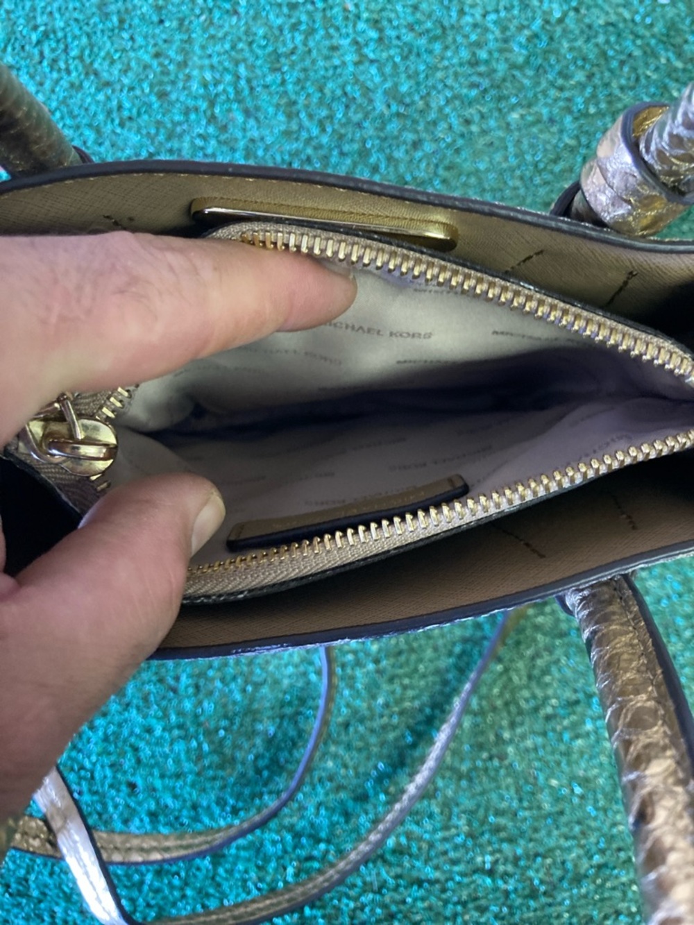 Michael Kors Gold and Brown Snakeskin-Print Satchel (OKPM-04-058) - Picture 9 of 11